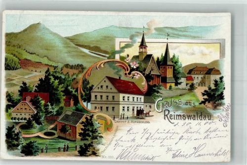 Reimswaldau 1900 Gasthaus zum Hornschloss KircheLithographie