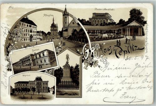 Lazne Teplice nad Becvou 1897 Denkmal Kurbad Schwimmbad Schlossplatz Theater Lithographie Vorläufer