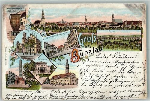 Bunzlau 1897 Denkmal Kutosow Rathaus Theater Kindehreim Waisenhaus Lithographie