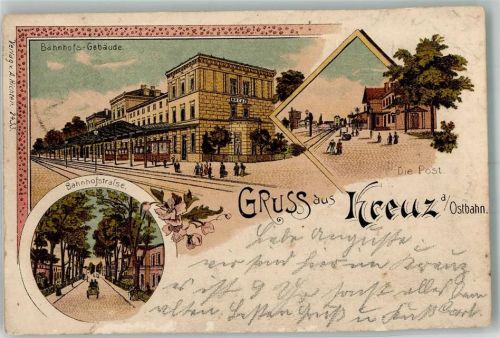 Kreuz Krzyz Wielkopolski 1908 Gebrauchsspuren Bahnof Bahnhofstrasse Postamt Lithographie