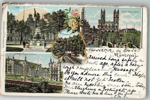 Montreal 1898 Denkmal de la Place d´Armes Krankenhaus Kirche Bergbahn Lithographie