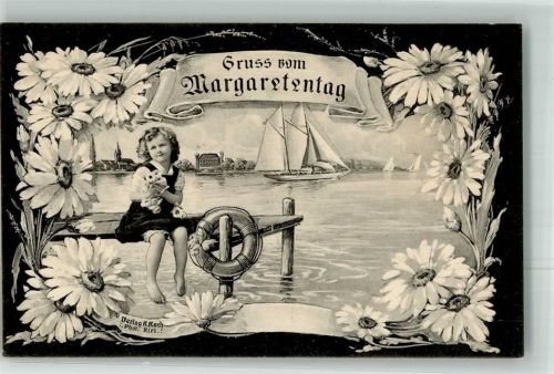 Kiel 1911 Margaretentag Kind mit Blumen , Segelboot