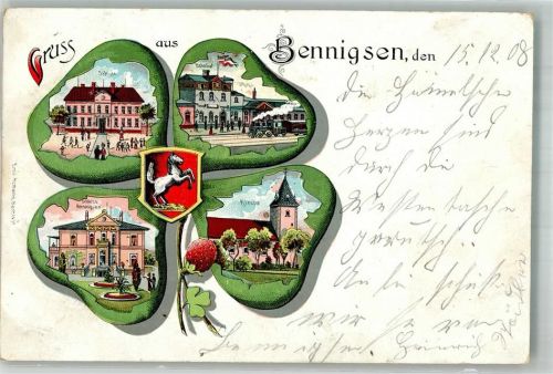 31832 W3257 Bennigsen 1908 Lithographie Kleeblatt Schule Schloss Bennigsen Kirche Bahnhof Wappen Bahnpost Hannover