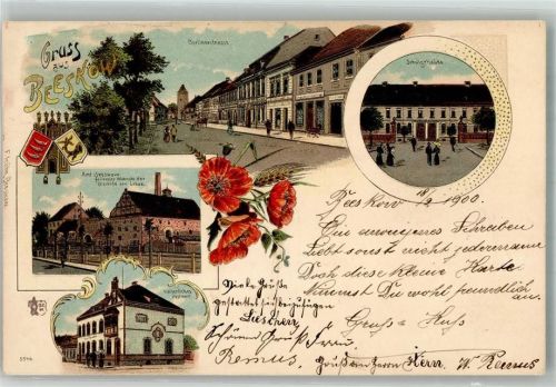 Beeskow 1900 Berlinerstrasse Kais. Postamt Schule Wappen Verlag Ottmar Tieher-München