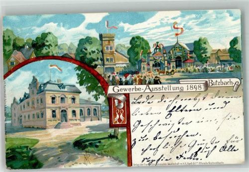 35510 W6308 Butzbach 1898 Lithographie / Künstlerkarte Gerwerbe-Ausstellung 1898 Ausstellungsgebäude sign. PM Ausstellungsstempel