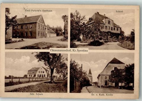 Sprottau Schloss Gasthaus Petzold Ev. Kirche Kath. Kirche Landpost Giessmannsdorf