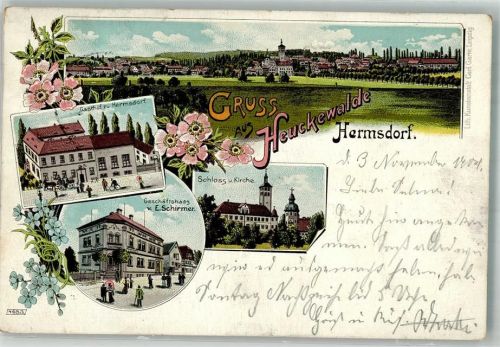 07629 O6530 Hermsdorf , Thür 1904 Lithographie Gasthaus zu Hermsdorf Schloss Kirche Geschäftshaus Schirmer