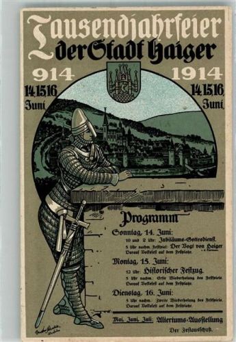 Haiger 1914 1000 Jahrfeier der Stadt Haiger 1914 Ritter Programm Stadtwappen Künstlerkarte Bahnpost Köln-Giessen Zug 638
