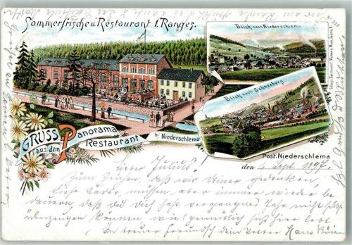08301 O9408 Niederschlema 1897 Lithographie Panorama-Gasthaus Bahnpost Schneeberg- Zug 585