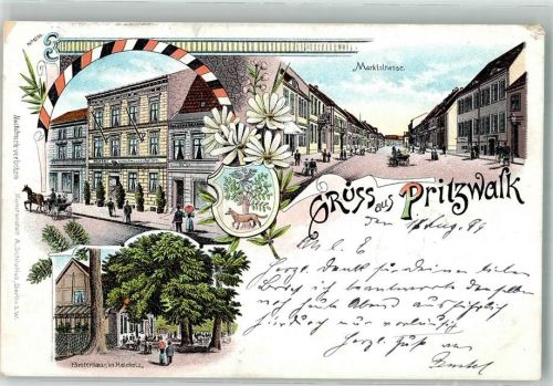 Pritzwalk 1899 Försterhaus im Hainholz Marktstrasse Hotel zum Adler Wappen Bahnpost Wismar- Zug135