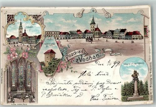 Vodnany 1899 Marktplatz Kirche Denkmal Lithographie