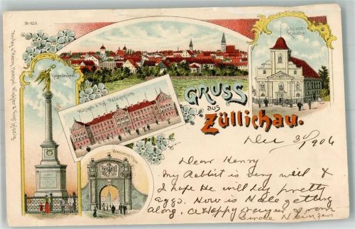 Züllichau Sulechów 1906 Gebrauchsspuren Schloss- Kirche Kriegerdenkmal Pädagogium Lithographie