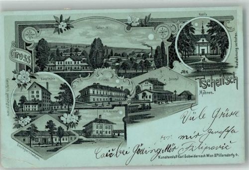 Hodonin 1900 Bahnhof Gasthaus Dampf- Mühle Kirche Tscheitsch Lithographie