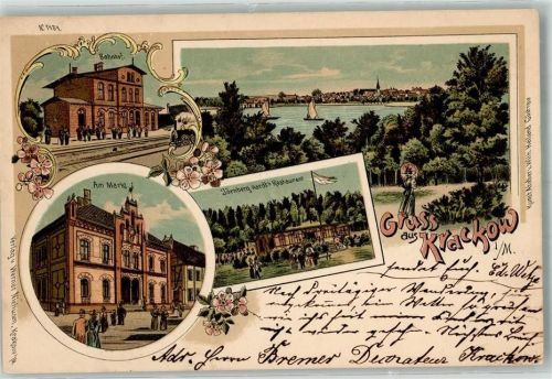 17322 O2101 Krackow 1900 Lithographie Am Markt Bahnhof Jörnberg Gasthaus Hardt