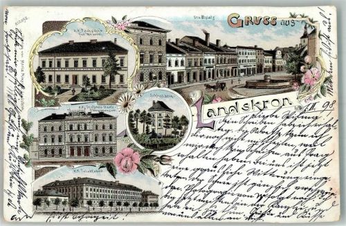 Lanskroun 1900 Schloss Tabak- Fabrik Stadtplatz Lithographie