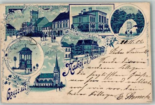 Nakel Naklo nad Notecia 1902 Gebrauchsspuren Ev. Kirche Marktplatz Postamt Denkmal Münzerstein Lithographie