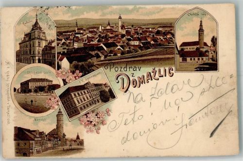 Domazlice Marktplatz Gymnasium Rathaus Lithographie