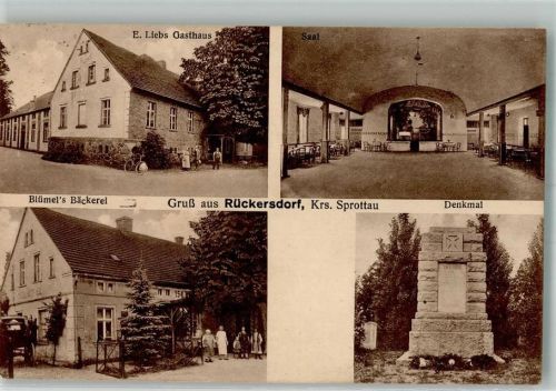 Sprottau 1928 Rückersdorf Gasthaus Liebs Geschäft Bäckerei Blümel Kriegerdenkmal Bahnpost Grünberg-Sprotta Zug 2