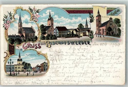 Bischofswerder 1899 kath. Kirche Matktplatz ev. Kirche Lithographie