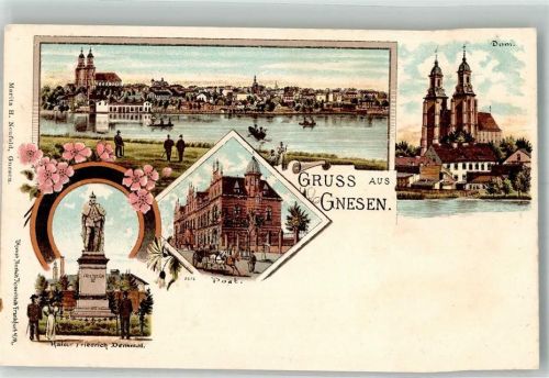 Gnesen Denkmal Kaiser Friedrich Postamt Dom Lithographie