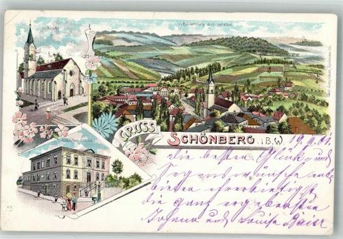 Schönberg 1901 Lithographie Mädchenschule Kirche