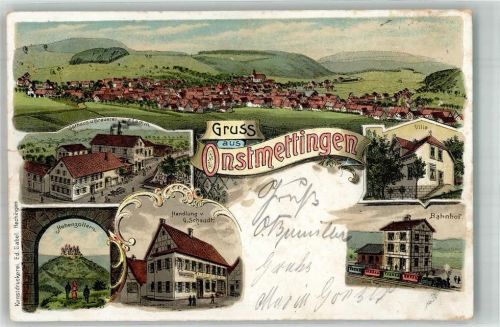 Onstmettingen 1906 Lithographie Gasthaus-Brauerei zum Lamm Burg Hohenzollern Bahnhof Villa Einriß