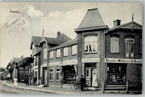 Niebüll 1913 Uhren-, Fahrräder- u. Gold & Silber Handlung Abraham Fahrradfahrer Bahnpost Hamburg-Tondern Zug 1007