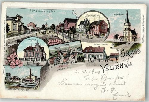 Velten 1900 Lithographie Ofenfabrik Kersten Villa Ziethen Breite Strasse St. Josephs-Kirche Gasthaus Stahnke