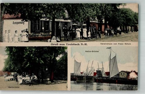 Driesen Drezdenko Foto AK Gasthaus Vereinshaus Schulz Netze Brücke Trebitsch