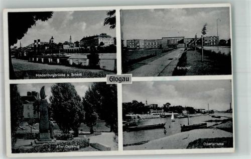Glogau 1941 Feldpost WK II Res. Lazarett Denkmal Bahnhof Hindenburgbrücke Schloss