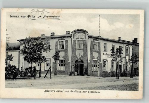 Britz 1908 Hotel Reuter Gasthaus zur Eisenbahn Flagenmast Bahnpost Eberswalde Zug 263