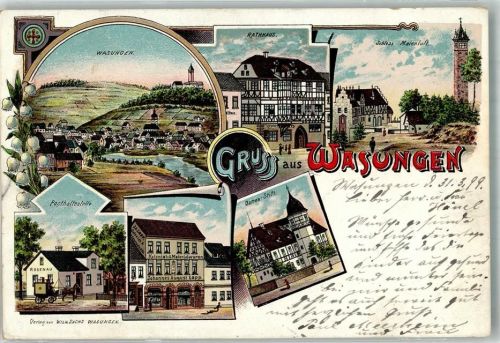 Wasungen 1899 Rathaus Schloss Maienluft Damen-Stift Kolonialwaren Lapp Bahnpost Grünstädtel-Rittersgrün Zug 3104