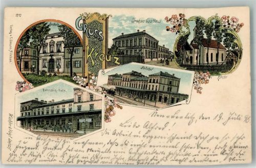 Kreuz 1898 Gasthaus Bahnhof Apotheke Kirche Lithographie