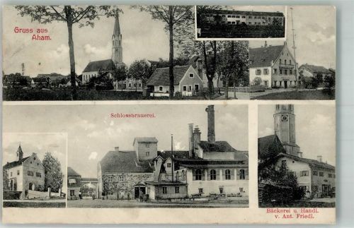 84416 W8252 Aham , Vils Gebrauchsspuren Schlossbrauerei Bäckerei u. Handlung Friedl Kirche St. Ägidius Stauchung und Beschnitten