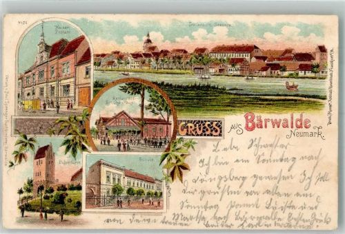 Bärwalde 1900 Potamt Gasthaus Schützenhaus Schule Lithographie