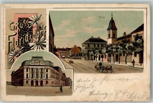 1210 Wien 21. Bezirk, Floridsdorf 1899 Gebrauchsspuren Kirche K.K. Bezirkshauptmannschaft Lithographie