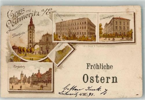 Litomerice 1898 Dom Kirche Gymansium Ringplatz Lithographie Vorläufer
