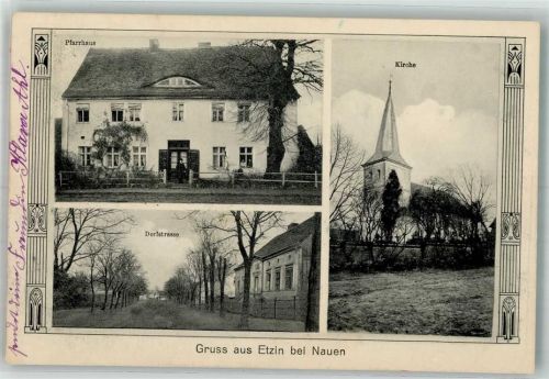 14669 O1551 Etzin 1912 - Dorfstrasse Pfarrhaus Kirche Bahnpost Nauen-Ketzin