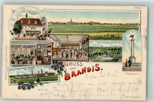 Brandis 1901 Hotel Ratskeller Gaststube Ballsaal Friedenssäule Braunkohlewerk Dampfmühle