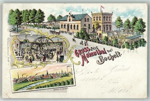 46395 W4290 Bocholt 1902 Gebrauchsspuren Lithographie Gasthaus Maienthal Grosser Saal Gartenwirtschaft