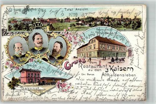 Haldensleben 1899 Lithographie Althaldensleben Gasthaus zu den 3 Kaisern Bahnhof Drei Kaiser-Portraits Stauchung