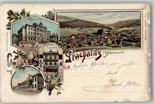 Prachatice 1897 Kaserne Pension Studentenheim Lithographie