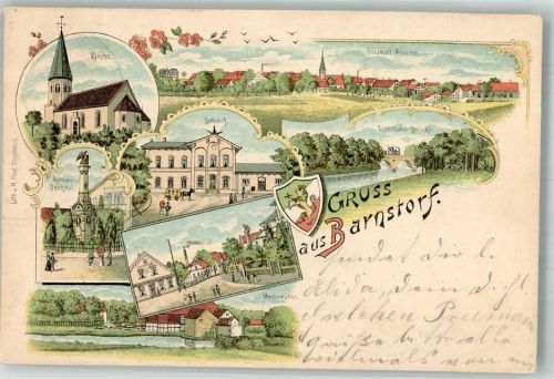Barnstorf 1898 Lithographie Stadtwappen Kriegerdenkmal Huntemühle Eisenbahnbrücke