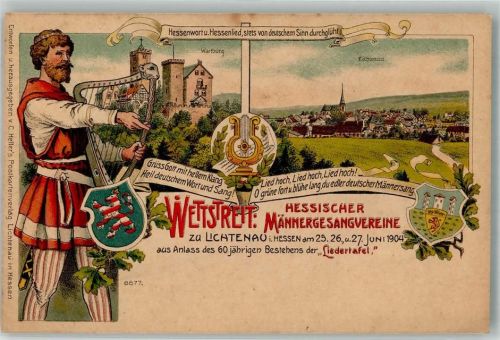 Hessisch Lichtenau 1904 Lithographie Wettstreit Hessischer Männergesangsvereine 1904 Musikant Lyra Harfe Wappen Wartburg