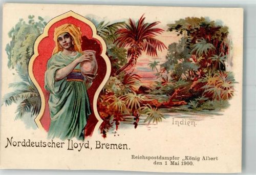 1900 Tracht Schiffspost Reichspostdampfer König Albert Norddeutscher Lloyd Lithographie beschnitten