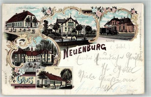 26340 W2932 Neuenburg , Kr Friesl 1898 Gebrauchsspuren Lithographie Bahnhof Gasthaus Ohmsiede Forstratsgebäude Bahnpoststempel
