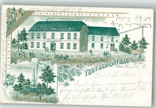 06179 O4112 Teutschenthal 1899 Lithographie Gasthaus zum Würdenhof Kriegerdenkmal
