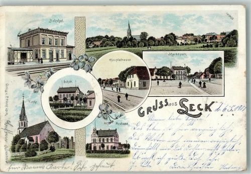 25917 W2262 Leck 1900 Lithographie Bahnhof Kirche Marktplatz Postamt Hauptstrasse