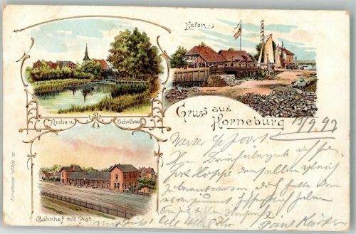 Horneburg 1897 Lithographie Hafen Schule Kirche Stauchung