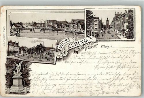 Elbing 1900 Denkmal Straße Lithographie